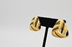 TAT Vintage Earrings Gold Black Off White Enamel Pierced Signed NOS 1980s