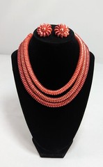 Vtg MCM 3 Strand Japan OMBRE Orange Coral Red Beads NECKLACE Clip EARRINGS SET