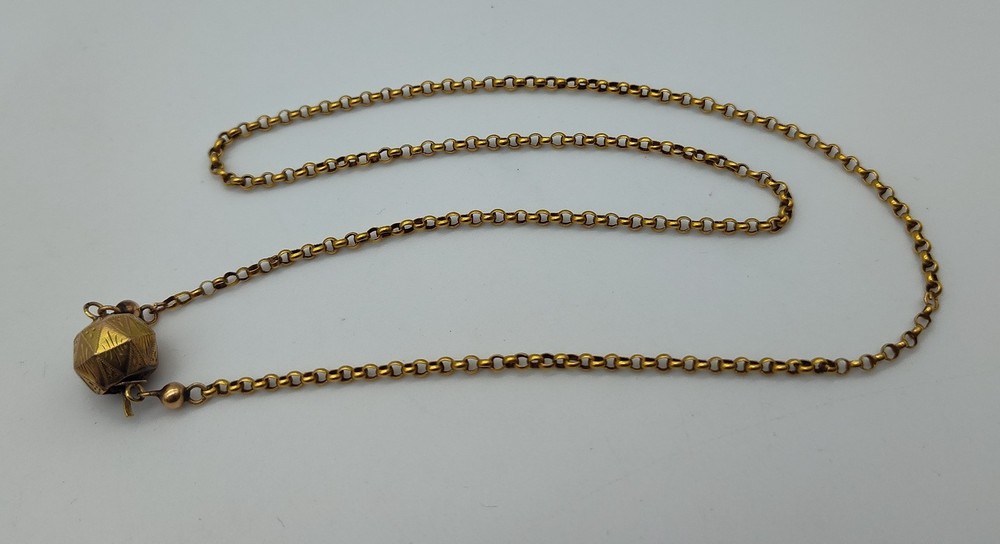 Antique Round Link Solid Y. Gold Chain Engraved Ball Clasp Choker Necklace 17″