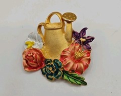 Vintage Tona Brooch Gold Tone Watering Can & Flower Brooch 1.75″ Signed