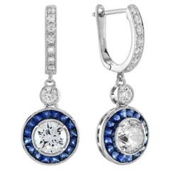 Art Deco Lab Created Diamond Sapphire Drop Dangle 14K White Gold Finish Earrings
