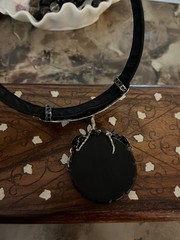 Sterling Silver Vintage Porcelain Leather Choker Statement Necklace