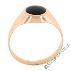 Unisex Vintage European 18K Rosy Gold Inlaid Oval Black Onyx Solitaire Band Ring
