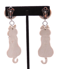 White Cat Kitty Earrings READ Vintage 80s Clay Ceramic Rhinestone Dangle Clip-On