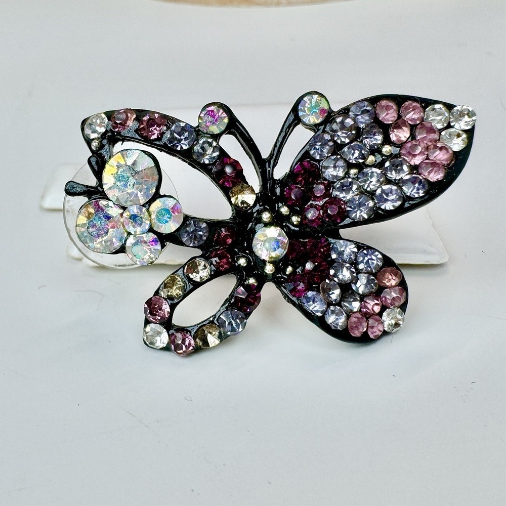 Vintage Purple Blue Green Crystal Butterfly Brooch