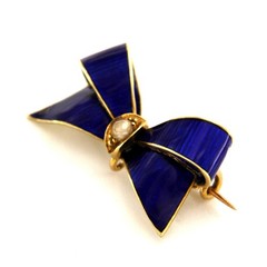 Antique 15k Yellow GOLD Guilloche Enamel and Pearl Victorian Ribbon Bow Brooch