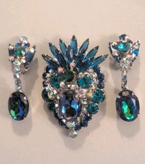 DeLizza Elster Juliana Blue Green Rhinestone Brooch Earrings Verified Authentic