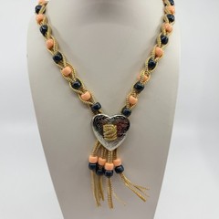 Boho Heart Bolo Necklace Gold Tone Woven Cord Peach Black Beads
