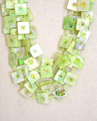 Vintage Multi Strand Mother of Pearl Shell Necklace Green Beaded Chunky