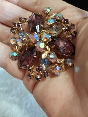 Vintage Aurora Borealis Deep Pink Lavender Purple Rhinestones & Lava Glass