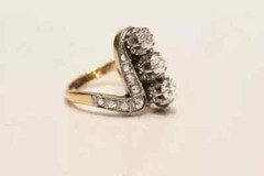 Art deco Vintage Style Three-Stone Lab Created Diamond Ring 14k Yellow Gold FN