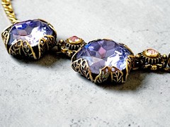 Art Nouveau Austrian Lilac Purple & Pink Crystal Brass Filigree Necklace
