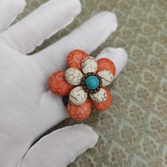 Bohemian Chunky Ring 3d Flower White Turquoise & Orange Gemstone Natural New