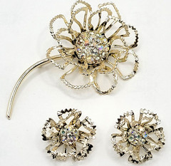 Sarah Coventry Allusions AB Crystal Gold Tone 1968 Clip On Earrings & Brooch Set
