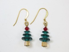 Christmas Trees Crystal Beaded Earrings Pierced Gold Tone Gorgeous D3091