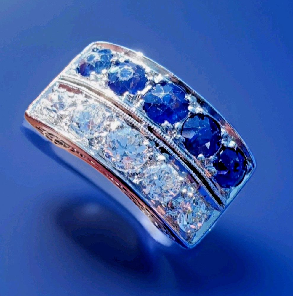 Original EARTH MINED DIAMOND SAPPHIRE Deco Statement Ring PLATINUM Filigree Band