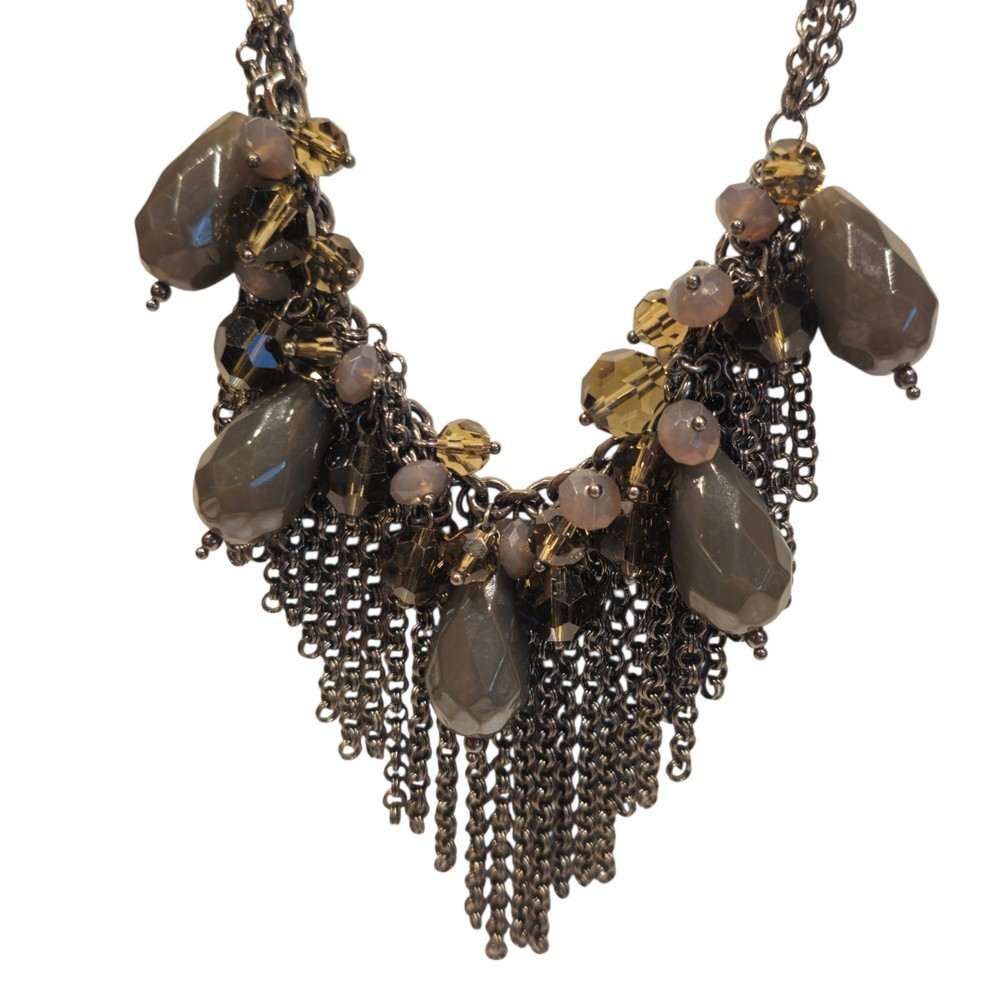 Lia Sophia Fringe Chains Glass & Acrylic Beaded Chunky Statement Boho Necklace