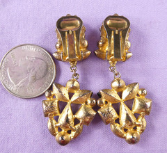 NICE Vintage Signed TONA Crystal Dangle Earrings Icy Clear & Golden Rhinestones