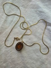 Vintage Gold TonedAmber Glass Pendant Necklace Victorian Revival 24 Inch