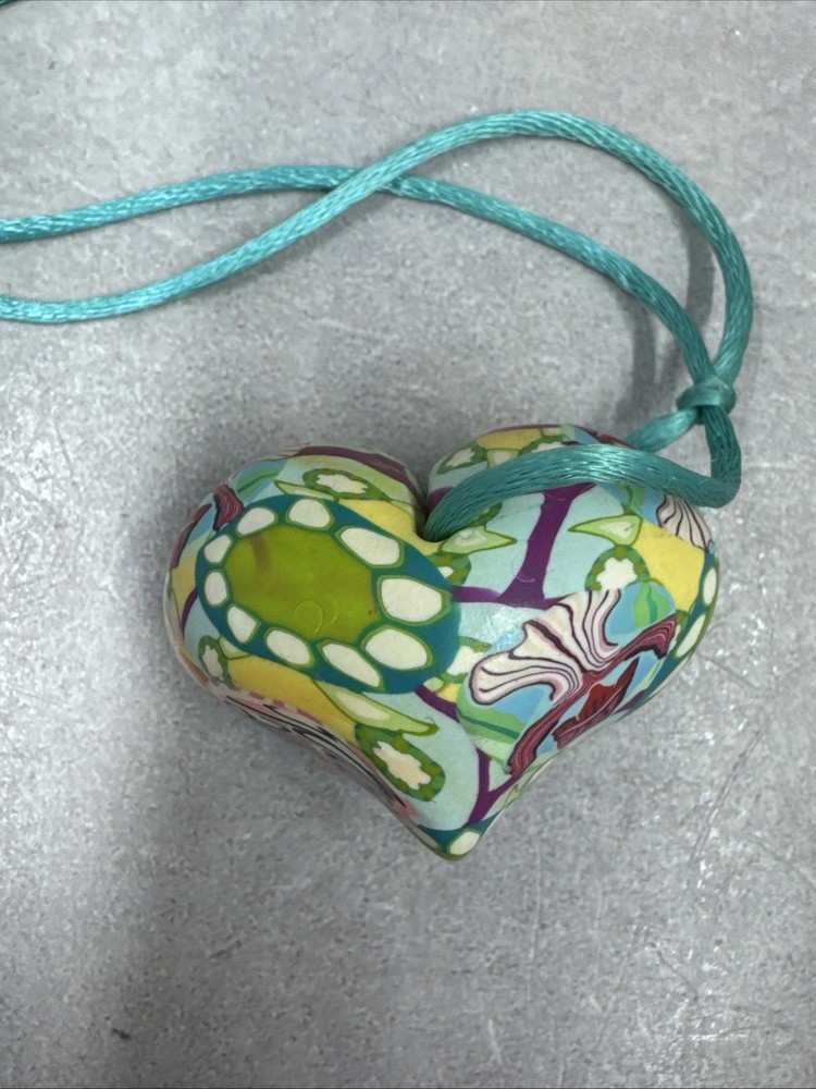 Vintage Billie Beads Hand Crafted Polymer Clay Heart Love Pendant on Silk Cord