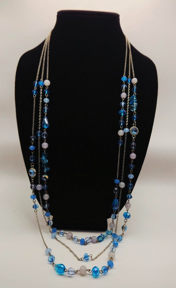 Vintage Triple Strand Blue Glass Bead Necklace Silver Tone Chain Unbranded Multi