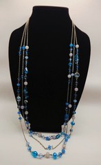 Vintage Triple Strand Blue Glass Bead Necklace Silver Tone Chain Unbranded Multi