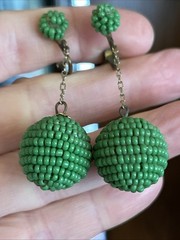 Vintage Green Glass Seed Bead Dangle Drop Clip On Earrings Go Go Style 2”