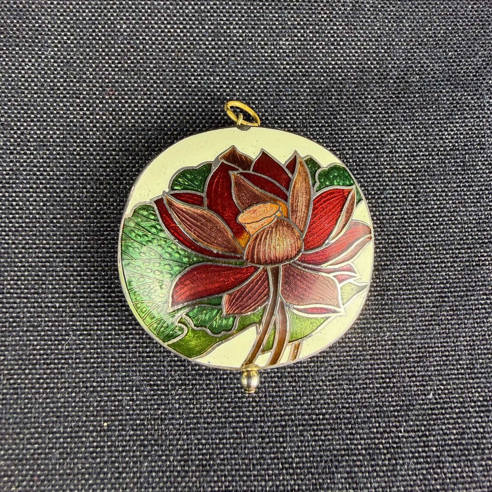 Vtg 1970s Cloisonne Enamel Lotus Blossom Pendant Necklace Gold Tone Boho Round