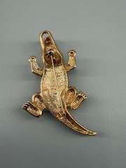 Vintage Gold Tone Alligator Crocodile Brooch Rhinestone Red Eyes Pin Open Mouth