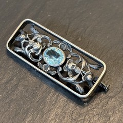 Stunning Antique Blue Glass Trombone Clasp Brooch Sterling Silver L2