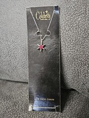 Vintage Celebrity NY Silver Tone Starburst Charm W/ Red Stone Necklace 15″ NOS
