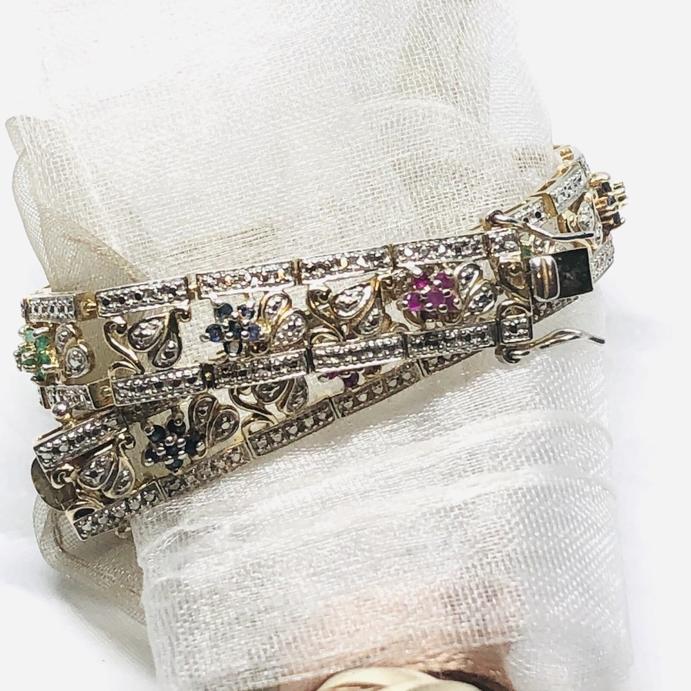 Vintage Sterling Silver Gold Clad Multi Color Stone Bracelet 7 1/4”