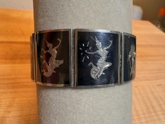 Vintage Thai Siam Niello Sterling Silver Panel 7” Bracelet 9 Panel Dancers 32.7g