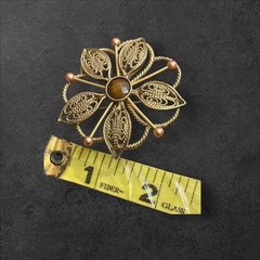 Vintage Floral Filigree Brooch Gold Tone 1.75in Faux Tiger Eye Center