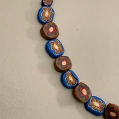 Vintage Millefiori Polymer Clay Bead Necklace Blue Brown Floral 18″