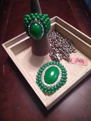 Green Oval Chabacon, Bead, & Rhinestone Statement Ring & Pendant On 22″ Goldtone