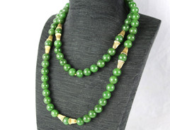 VTG 10mm Natural Nephrite Jade & Gold Plated Spacer Long Necklace 35″ 129.5g