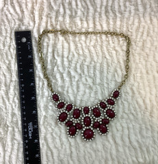 Vintage Burgundy Red Stone Diamonds Statement Necklace Costume Bling Glam Gold