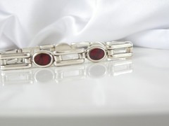 Vintage Sterling Silver 925 Jasper Station Chunky Taxco Mexico Bracelet 8″