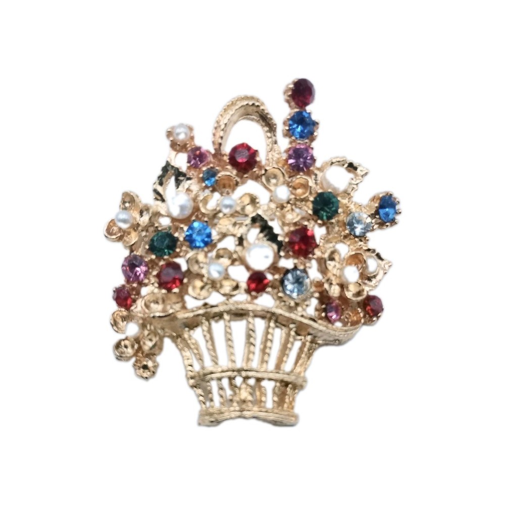 Vintage Gold Tone Flower Basket Brooch Multicolor Rhinestone Faux Pearl Pin