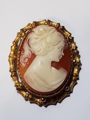 Vintage Brooch Pin Raised Cameo Costume Jewelry Gold Tone Girl With Ponytail