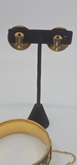 Vintage Damascene Hinged Bracelet & Clip-On Earrings Jewelry Set Black & Gold