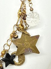 Vtg Brass Star Moon Charms Necklace red blue patriotic Boho 30″ July 4th