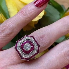 Art Deco Style Lab Created Diamond & Ruby 14K White Gold Finish Engagement Ring