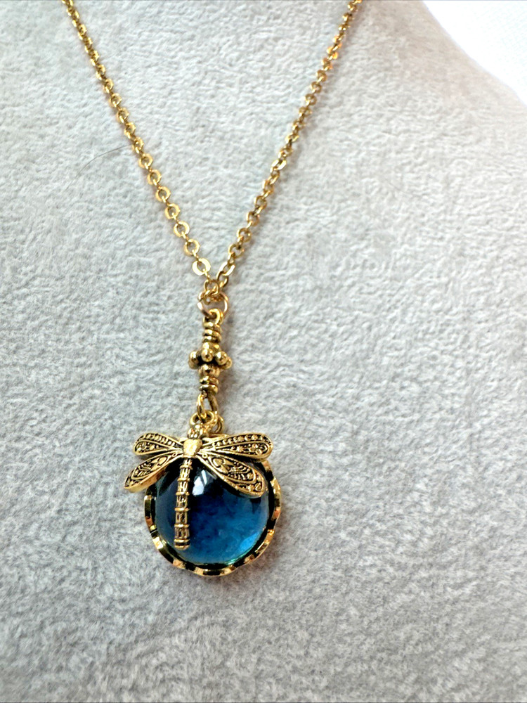 Gold Chain Minimalist witchy boho Blue glass crystal dragonfly Pendant Necklace