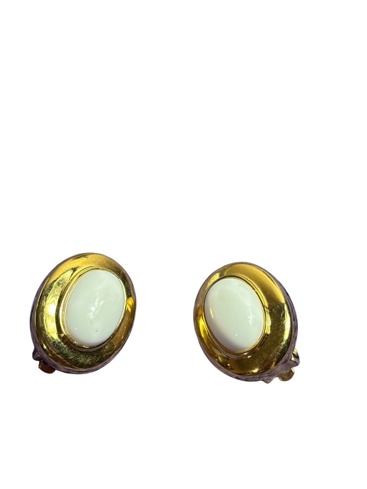 Vintage 80s Goldtone Oval Clip On Earrings White Cabochon 7/8 inch