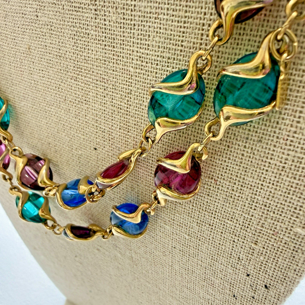 Vintage Swarovski Swan Signed Caged Multicolor Glass Gold Plated Necklace 36”