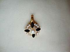 Vintage Fashion Jewelry Faux Pearl Black Marquise & Clear Rhinestone Pendant