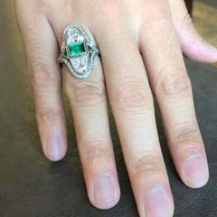 Vintage & Antique Vivid Green Emerald With Fancy Cut White CZ 935 Silver Ring