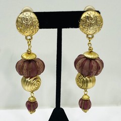 Melon Ball Beaded Earrings Clip On Dangle Drop Red Frosted Lucite Vintage 80s